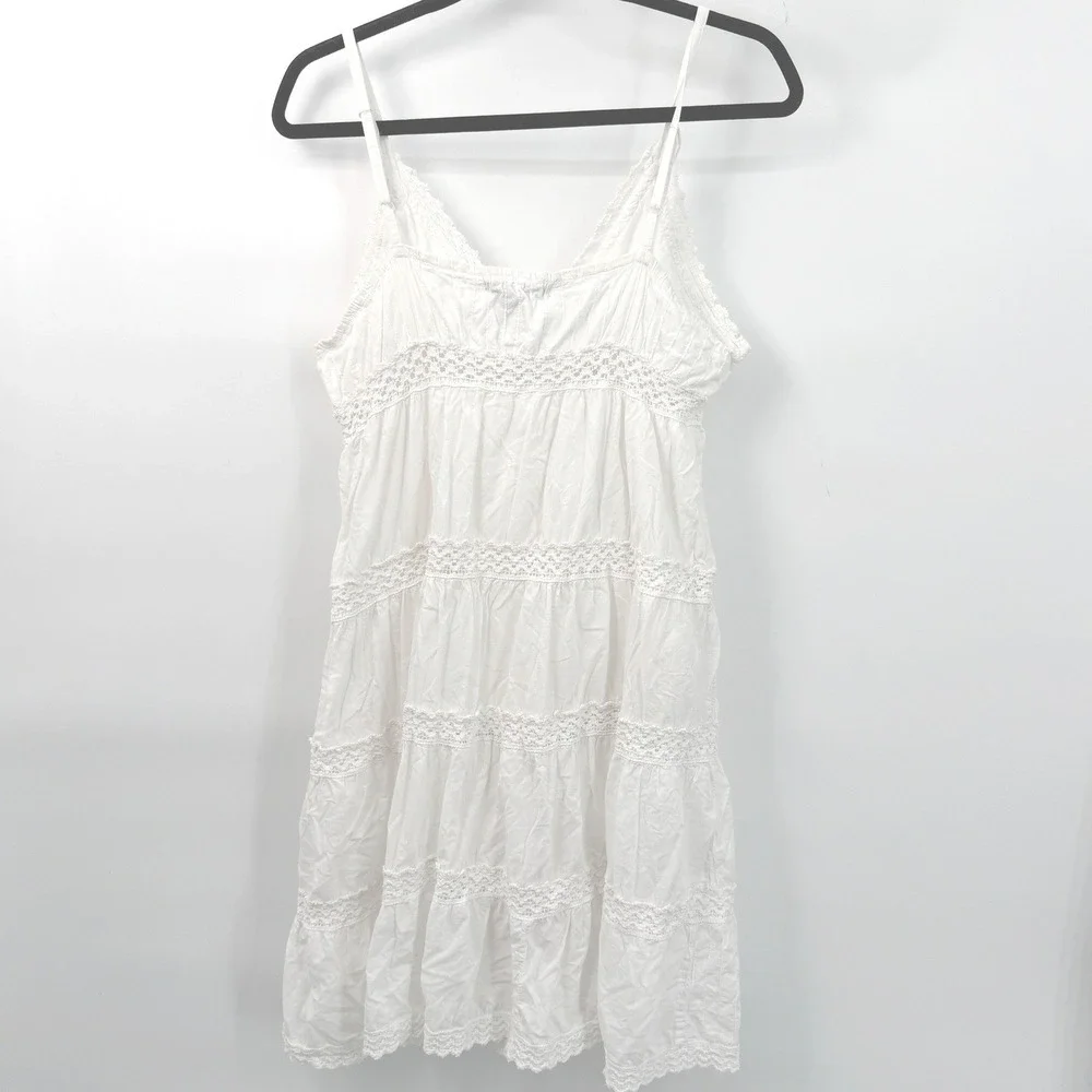 Y2K Vintage White Tiered Crochet Dress Juniors XL Cotton Flowy‎ Festival Boho
